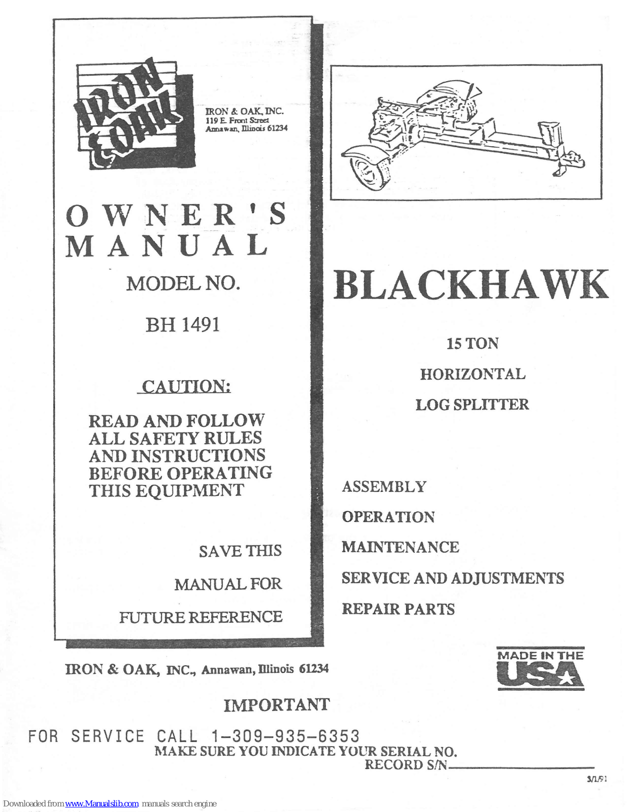 Iron & Oak BLACKHAWK BH 1491 Owner's Manual