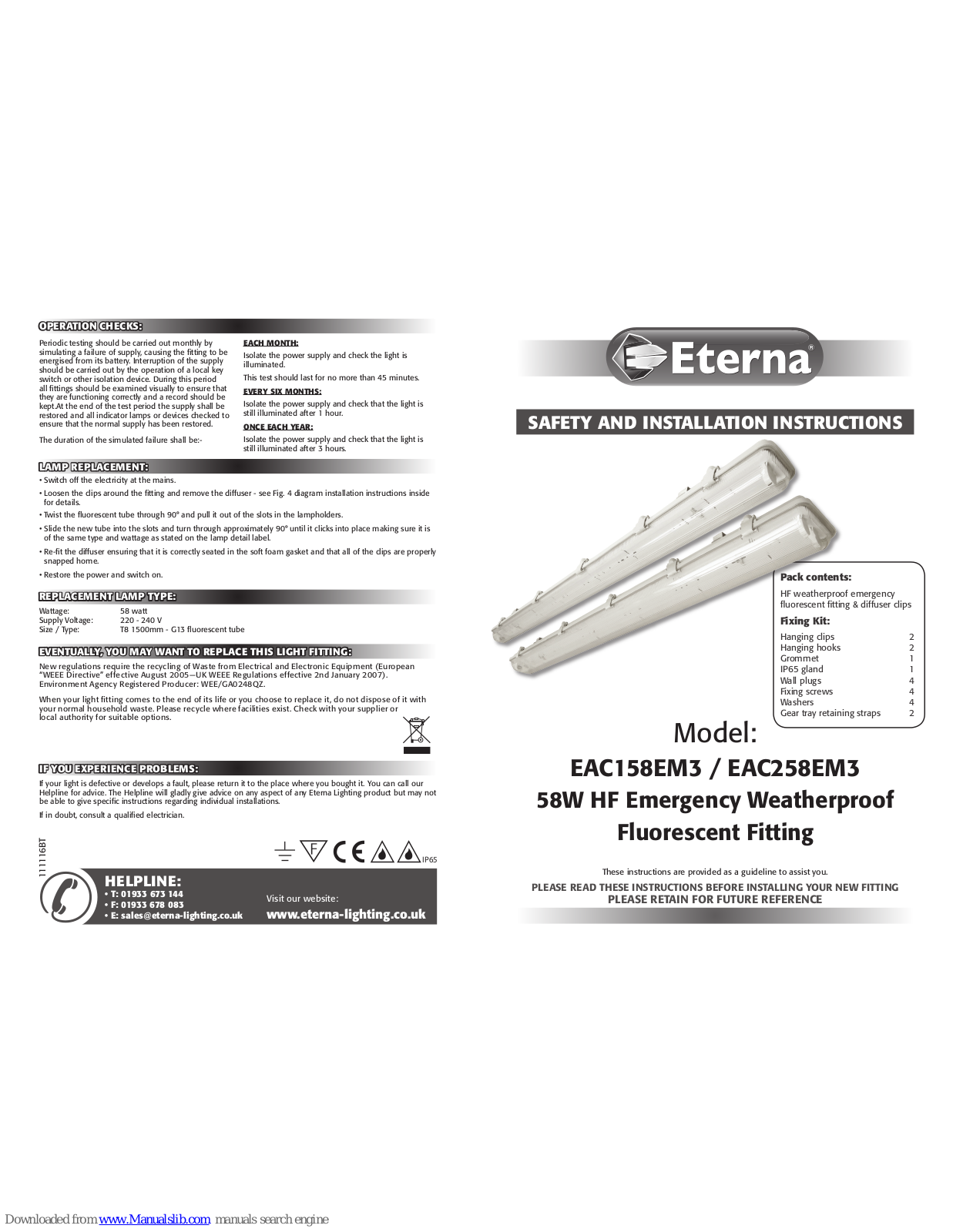 Eterna EAC158EM3, EAC258EAC258EM3EM3, EAC258EM3 Safety And Installation Instructions Manual