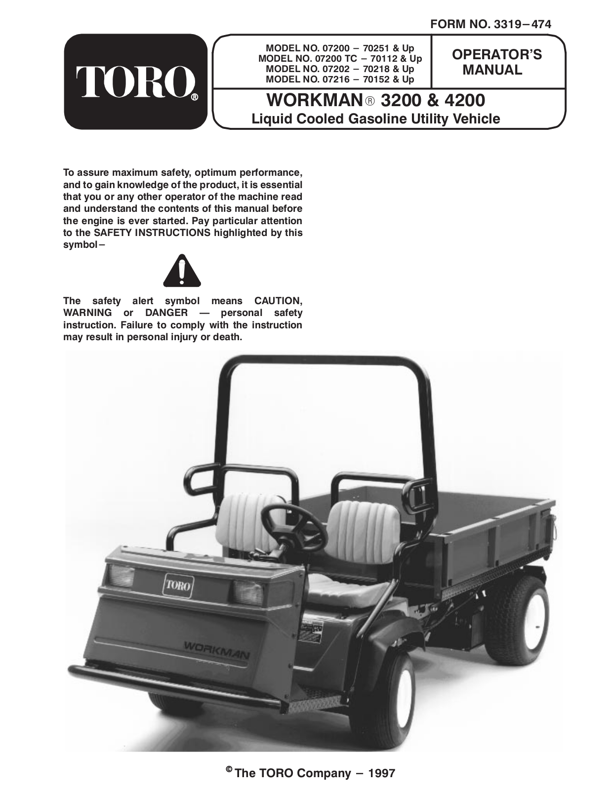 Toro 07200, 07200TC, 07202, 07216, Workman 3200 Operator's Manual