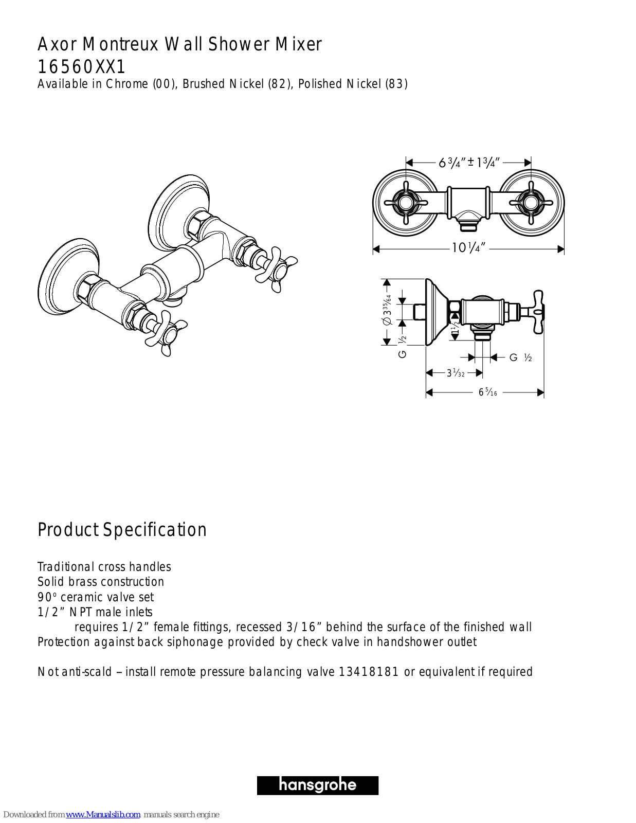 Hansgrohe 16560001, 16560821, 16560831 Product Specification