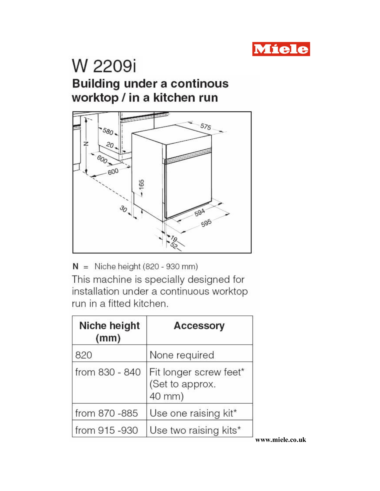 Miele W2209I User Manual