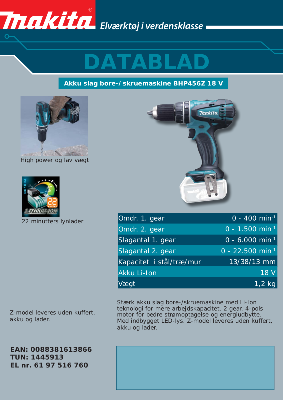 Makita BHP456Z DATASHEET