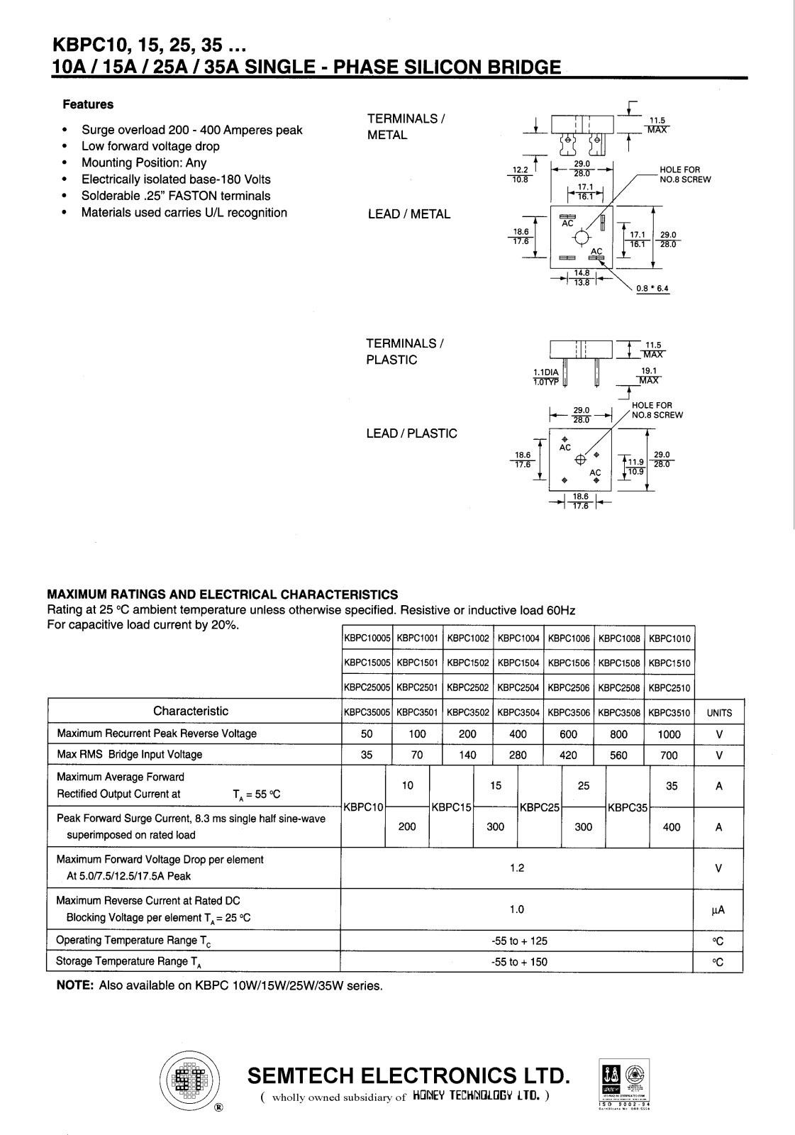 SEMTECH ELECTRONICS KBPC3508, KBPC3510, KBPC3501, KBPC3504, KBPC3502 Datasheet