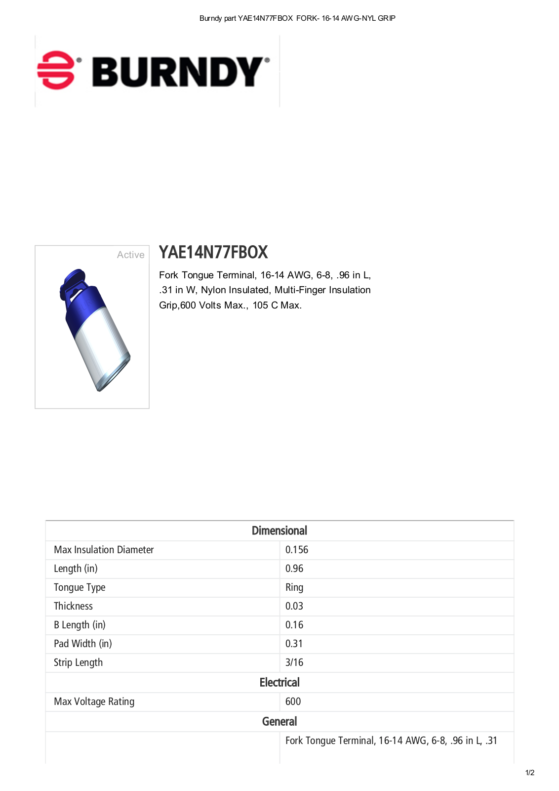 Burndy YAE14N77FBOX Data Sheet