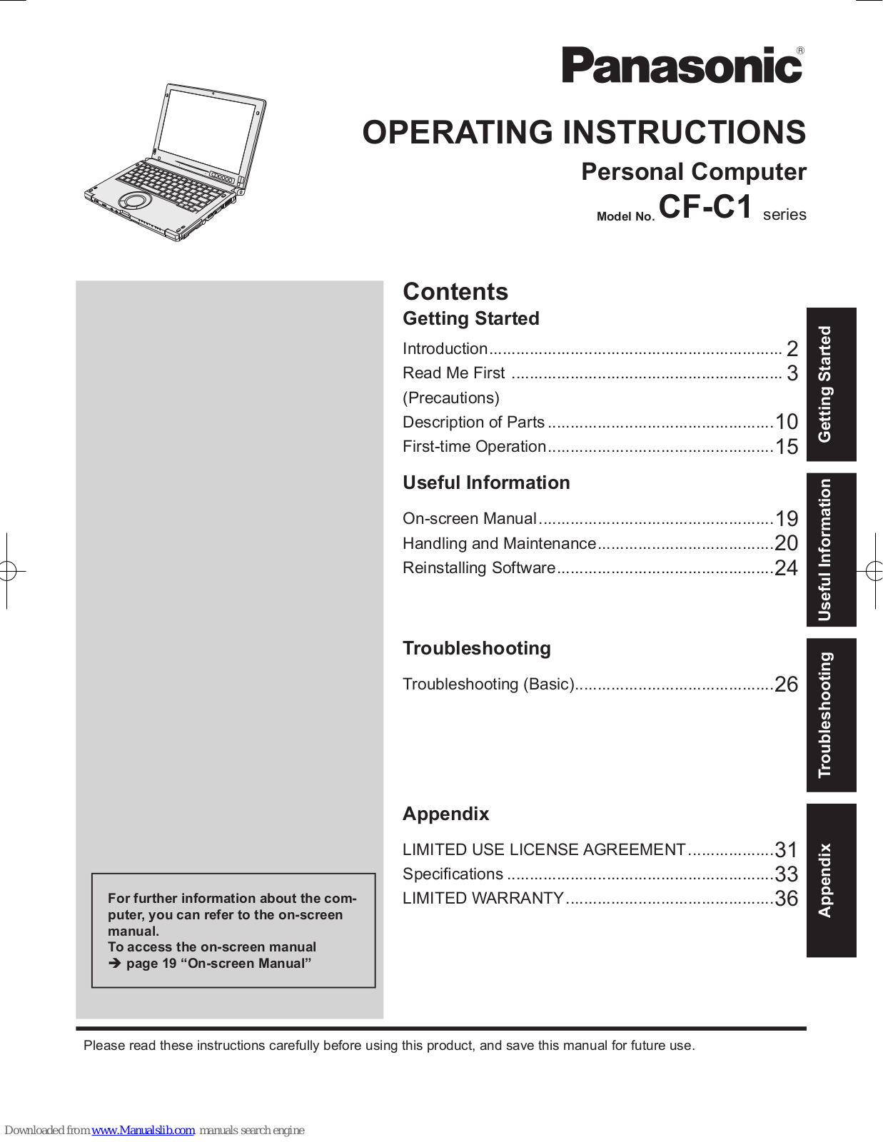 Panasonic CF-C1ADAHZ6M, CF-C1ADCHZ1M, CF-C1ADBJG1M, CF-C1ADBLG1M, CF-C1BDHAG1M Operating Instructions Manual