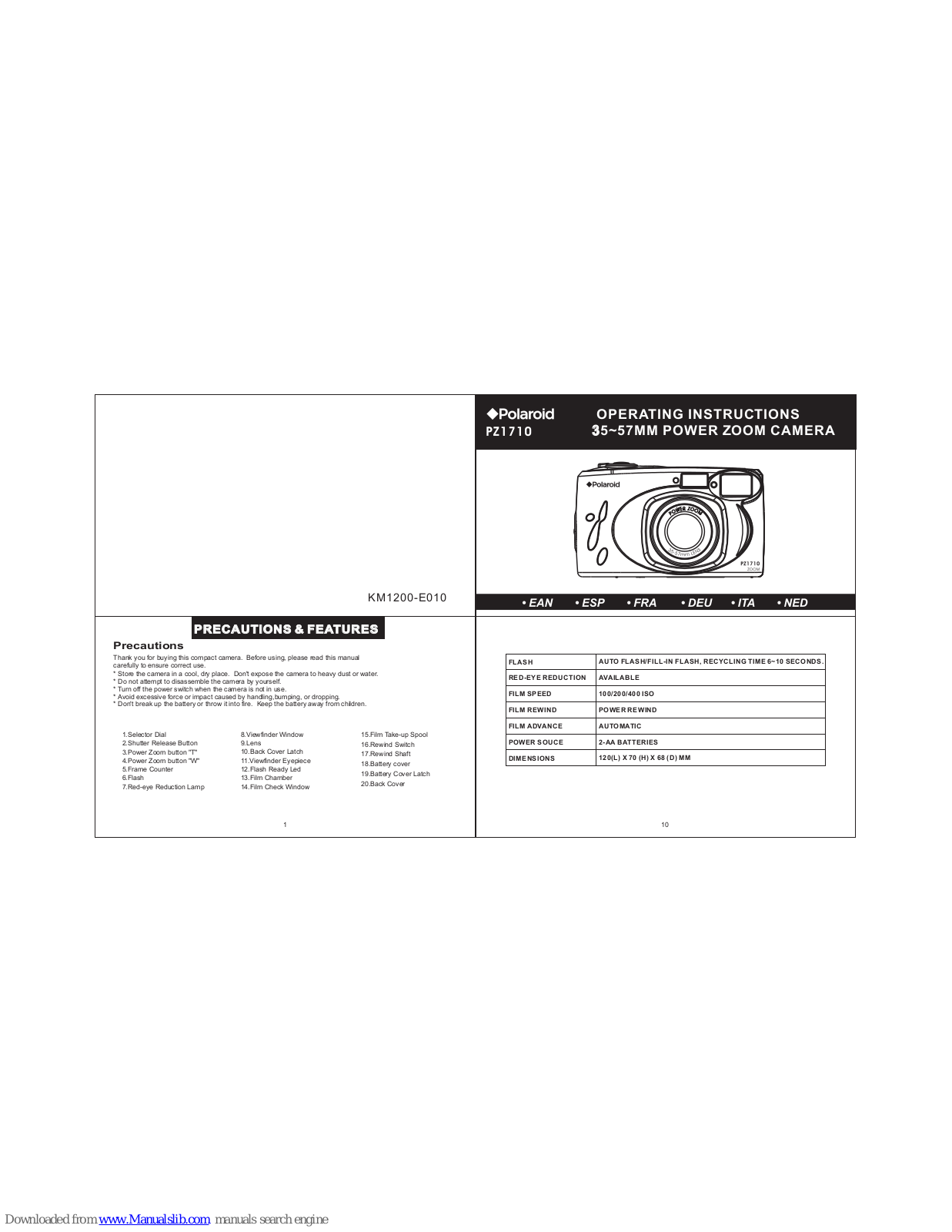 Polaroid PZ1710 Operating Instructions Manual