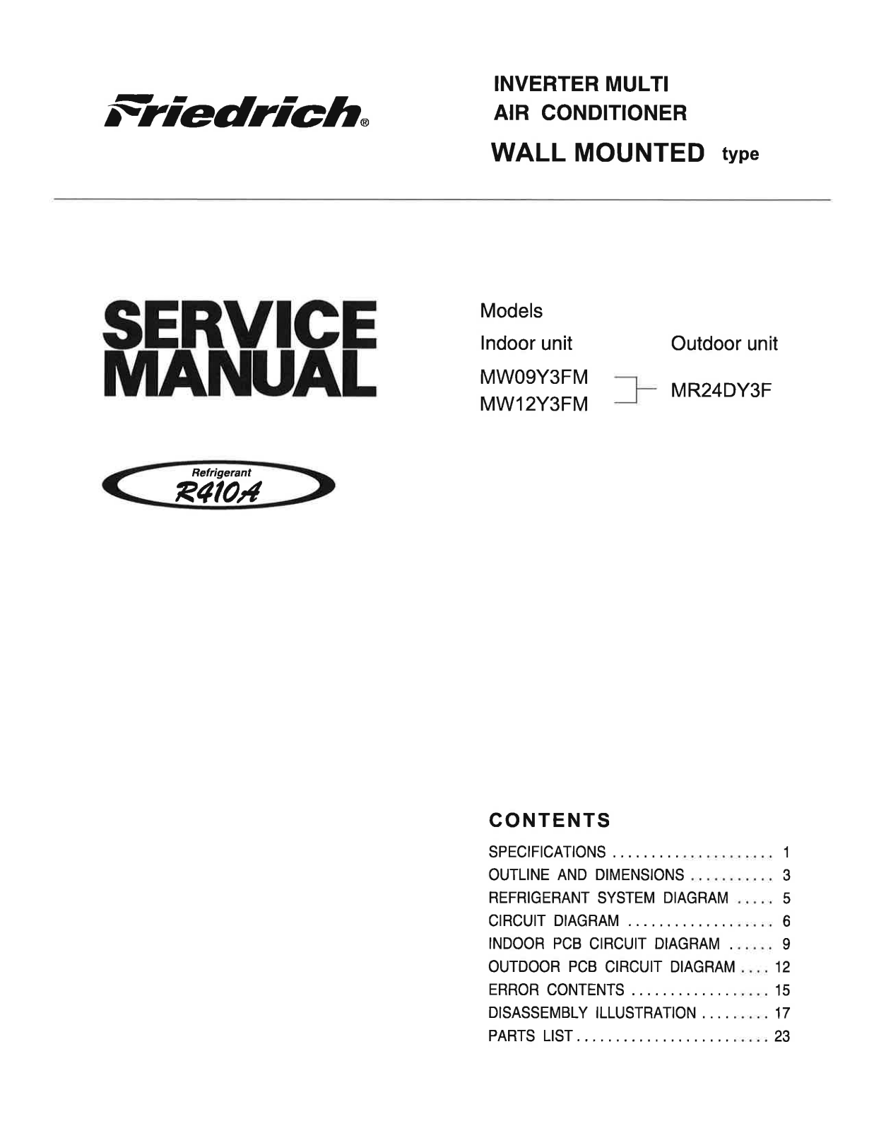 Friedrich Metal Products MR24DY3F Service Manual