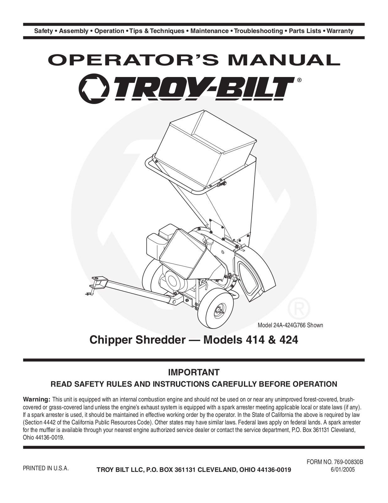 Troy-Bilt 424, 414 User Manual