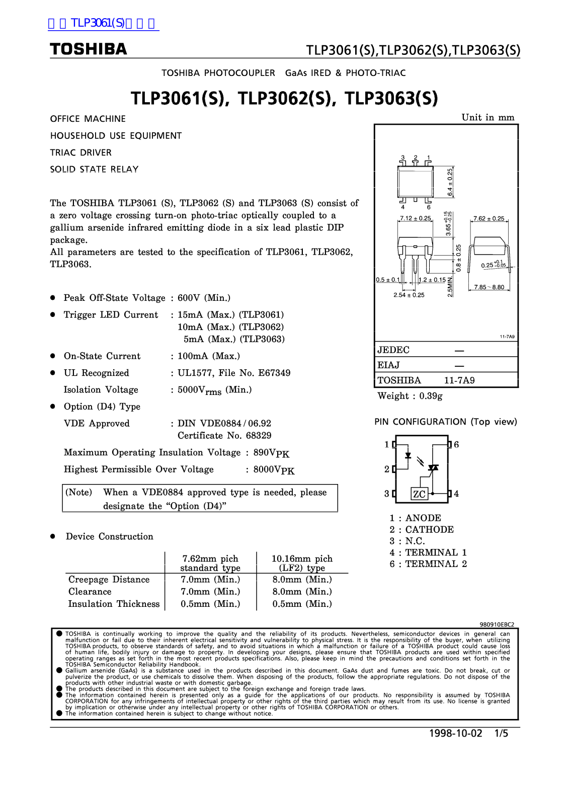 TOSHIBA TLP3061, TLP3062, TLP3063 Technical data