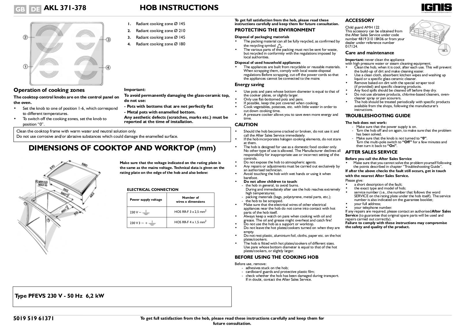 Whirlpool AKL 378/01 WH, AKL 378/01 AV INSTRUCTION FOR USE