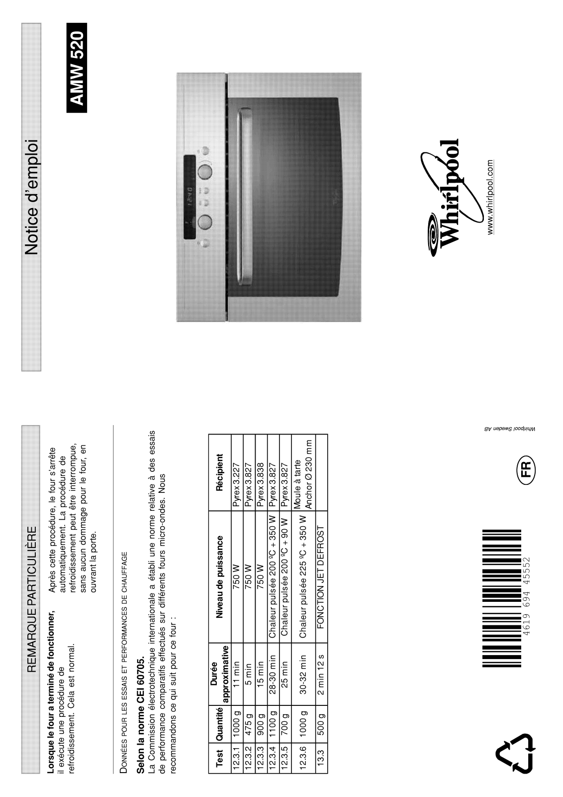 WHIRLPOOL AMW520 User Manual