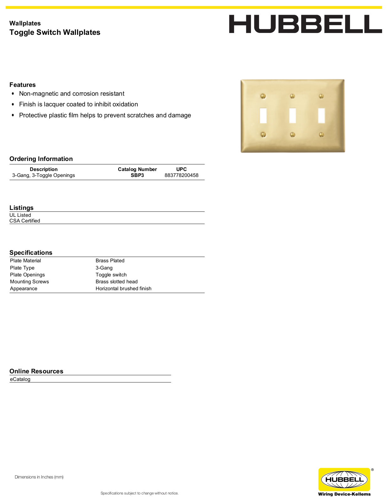 Hubbell SBP3 Specifications