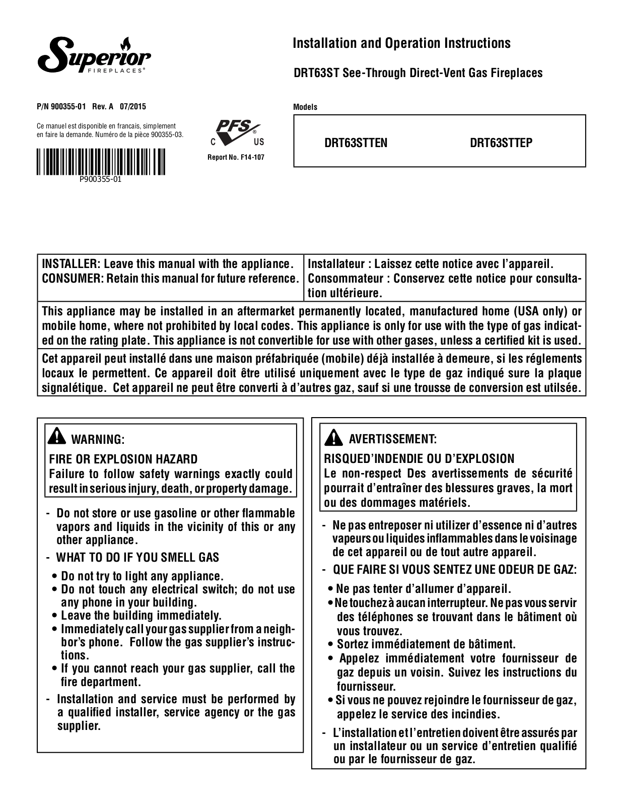 Superior DRT63STTEN, DRT63STTEP Installation And Operation Instructions Manual