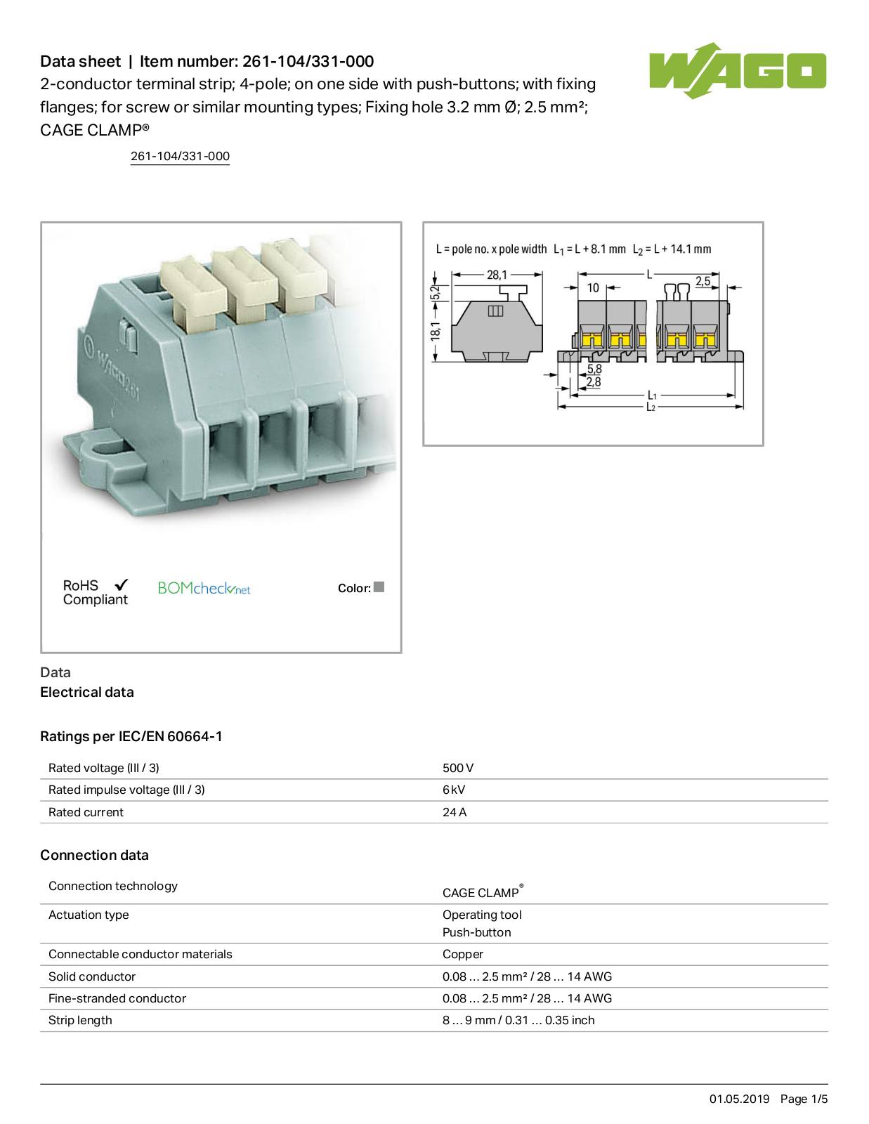 Wago 261-104/331-000 Data Sheet