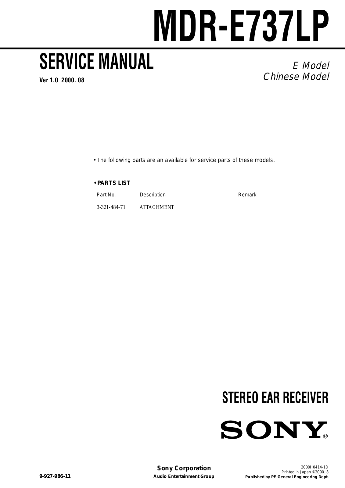 Sony MDR-E737LP Service Manual