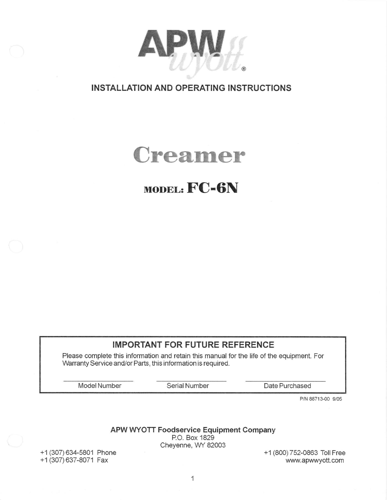 APW Wyott FC-6N Installation  Manual