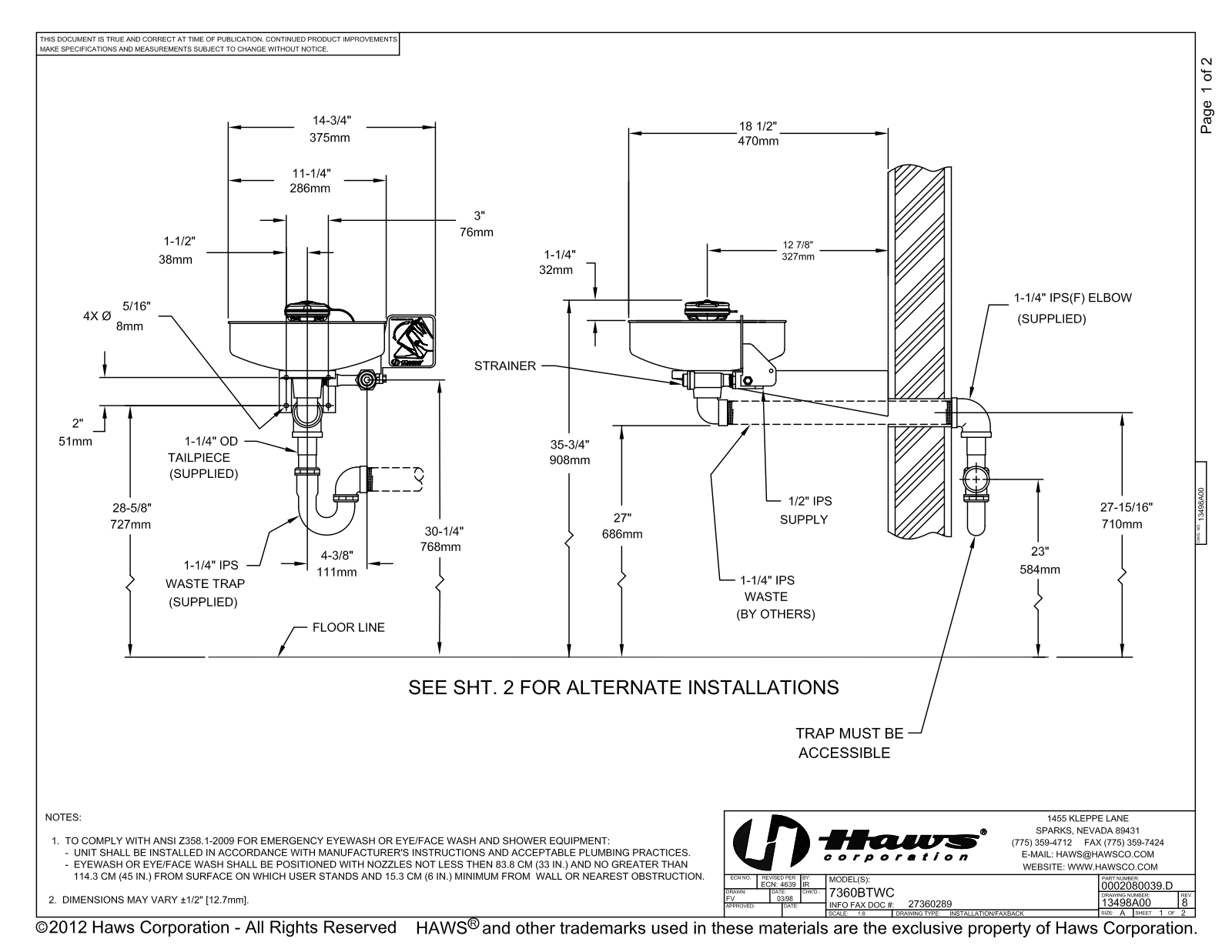 Haws 7360BTWC Installation Manual