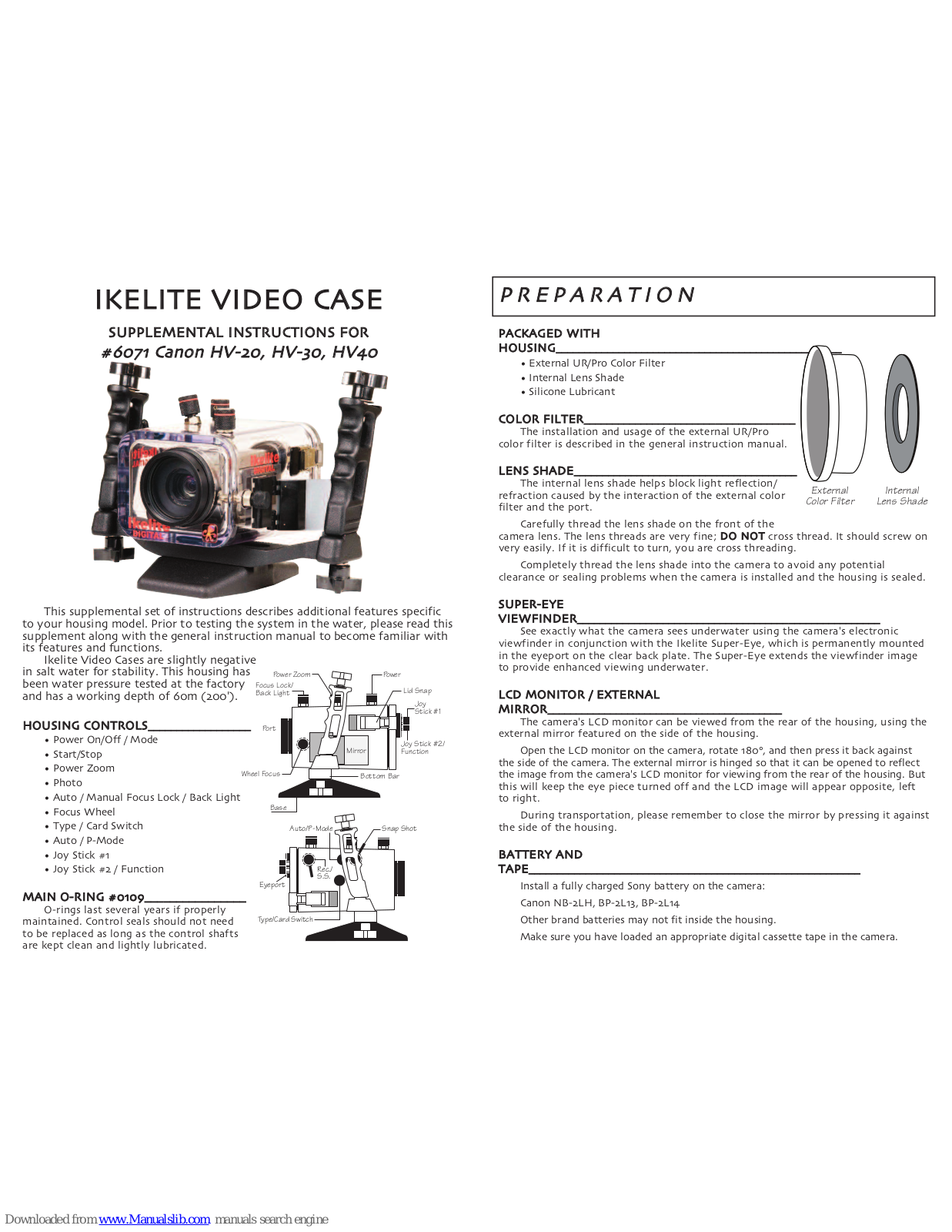 Ikelite Cannon HV-20, 6071 Supplemental Instructions