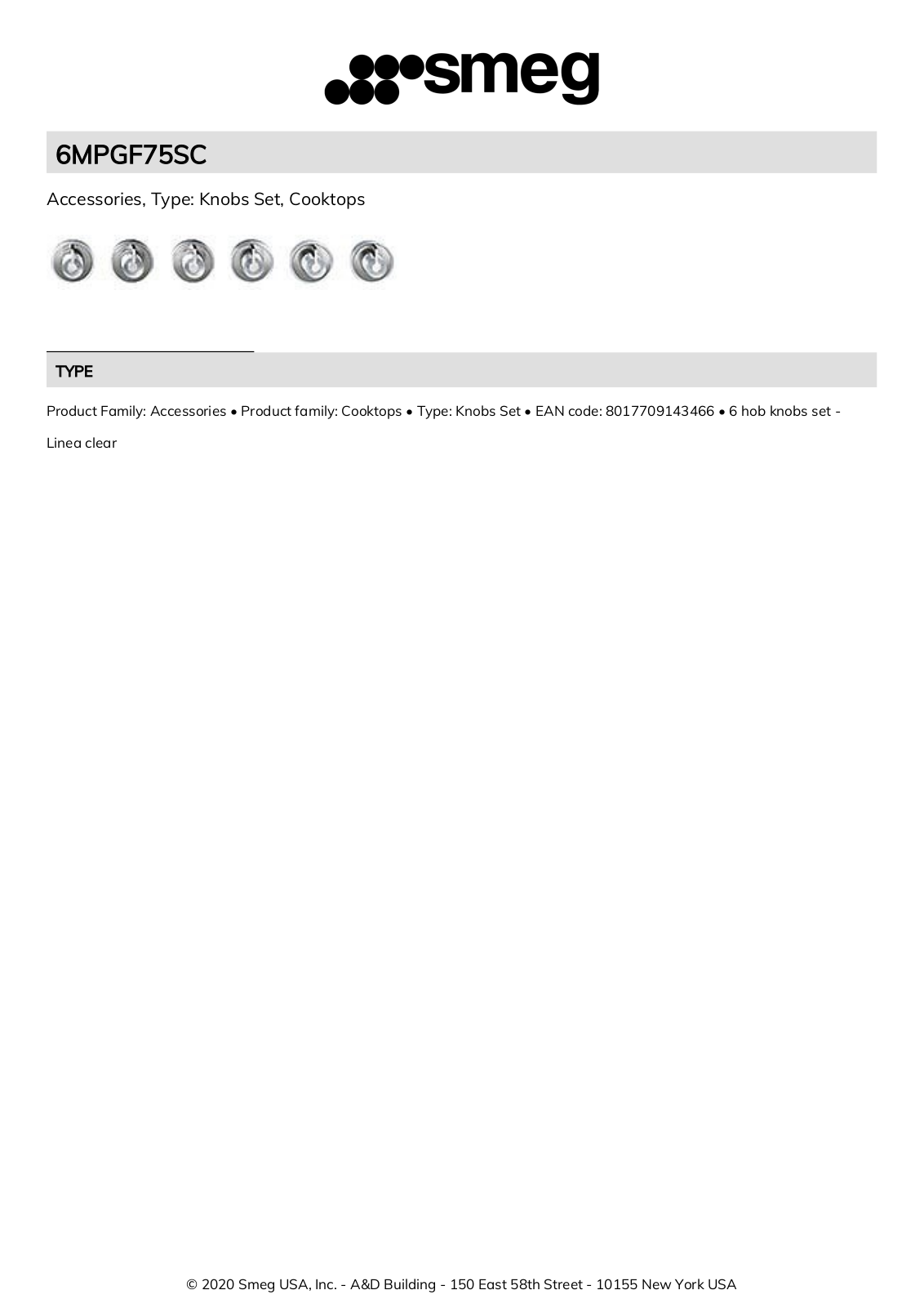 Smeg 6MPGF75SC Product Information Sheet