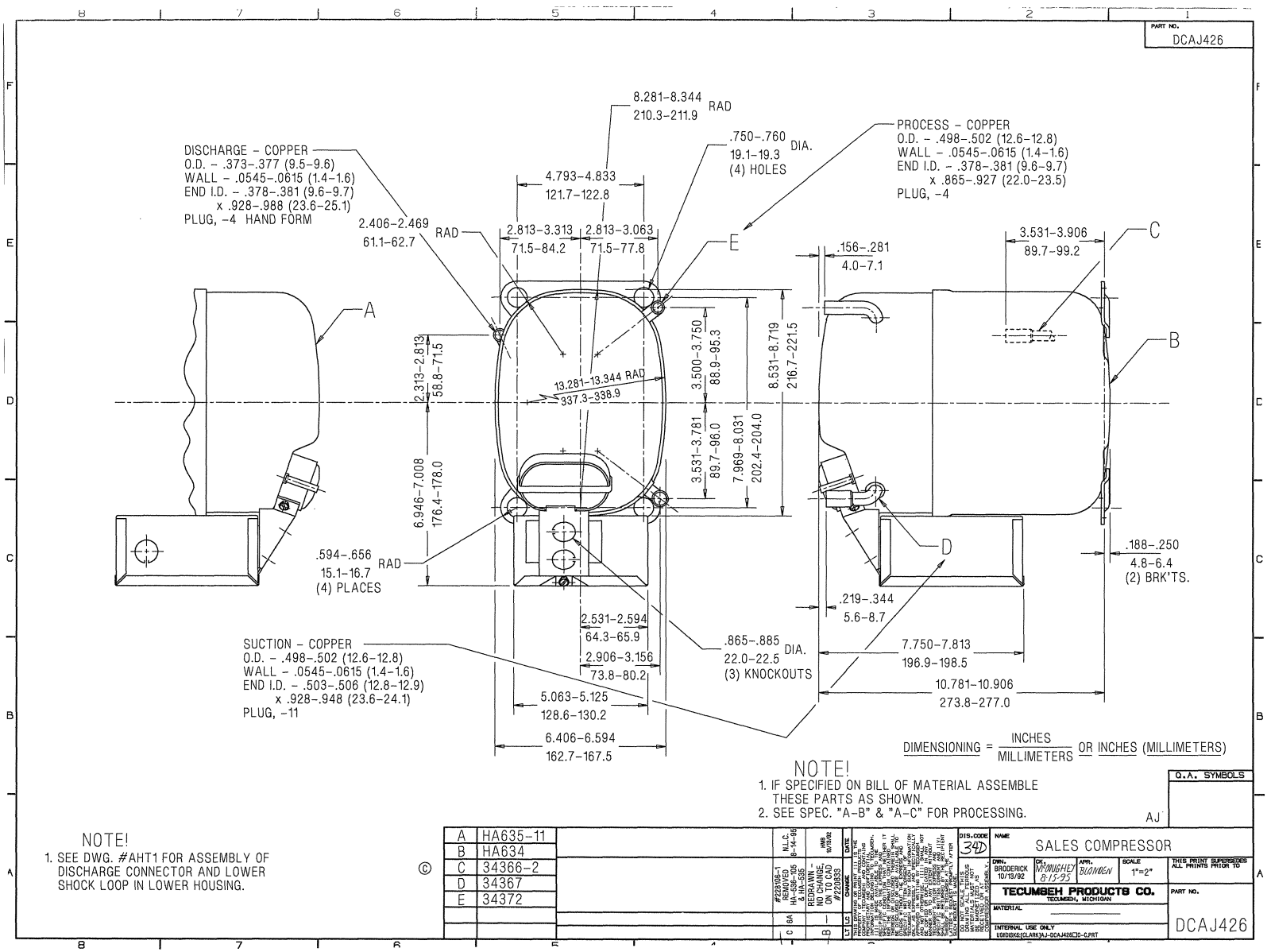 Tecumseh AJA7455ZXA, AJA7465AXA, AJA7494ZXC, AJA7494ZXD, AJB7465AXD Drawing Data