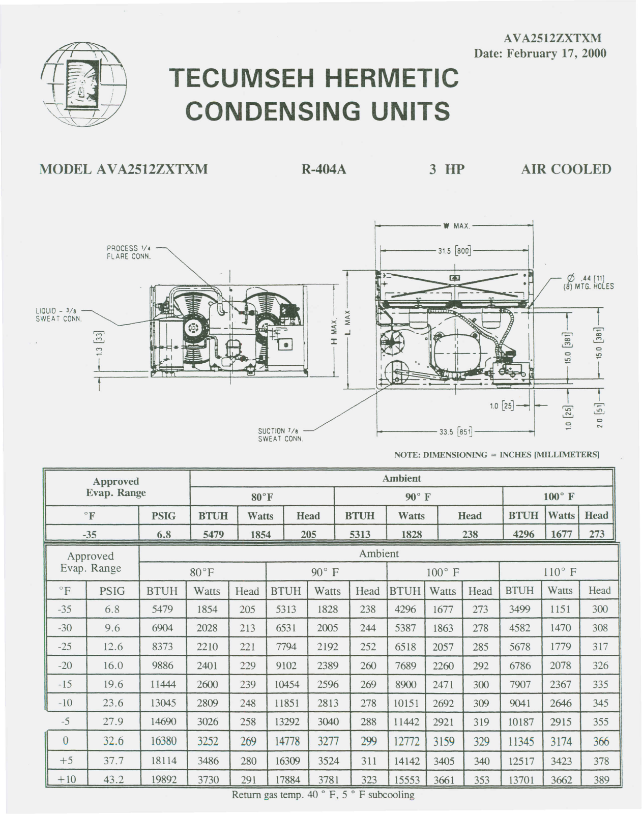 Tecumseh AVA2512ZXTXM Performance Data Sheet