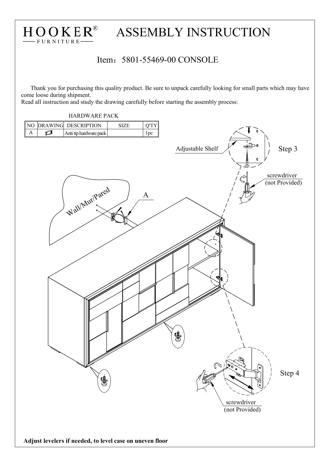 Hooker Furniture 58015546900 Assembly Guide