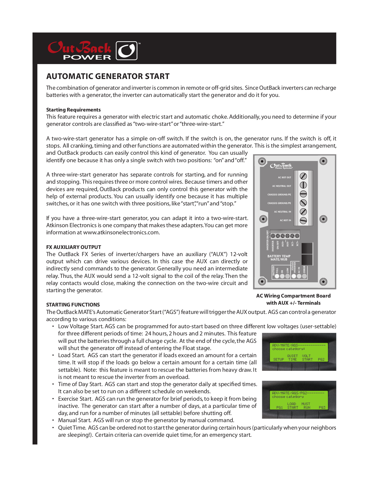 Outback Power Systems Automatic Generator Start User Manual