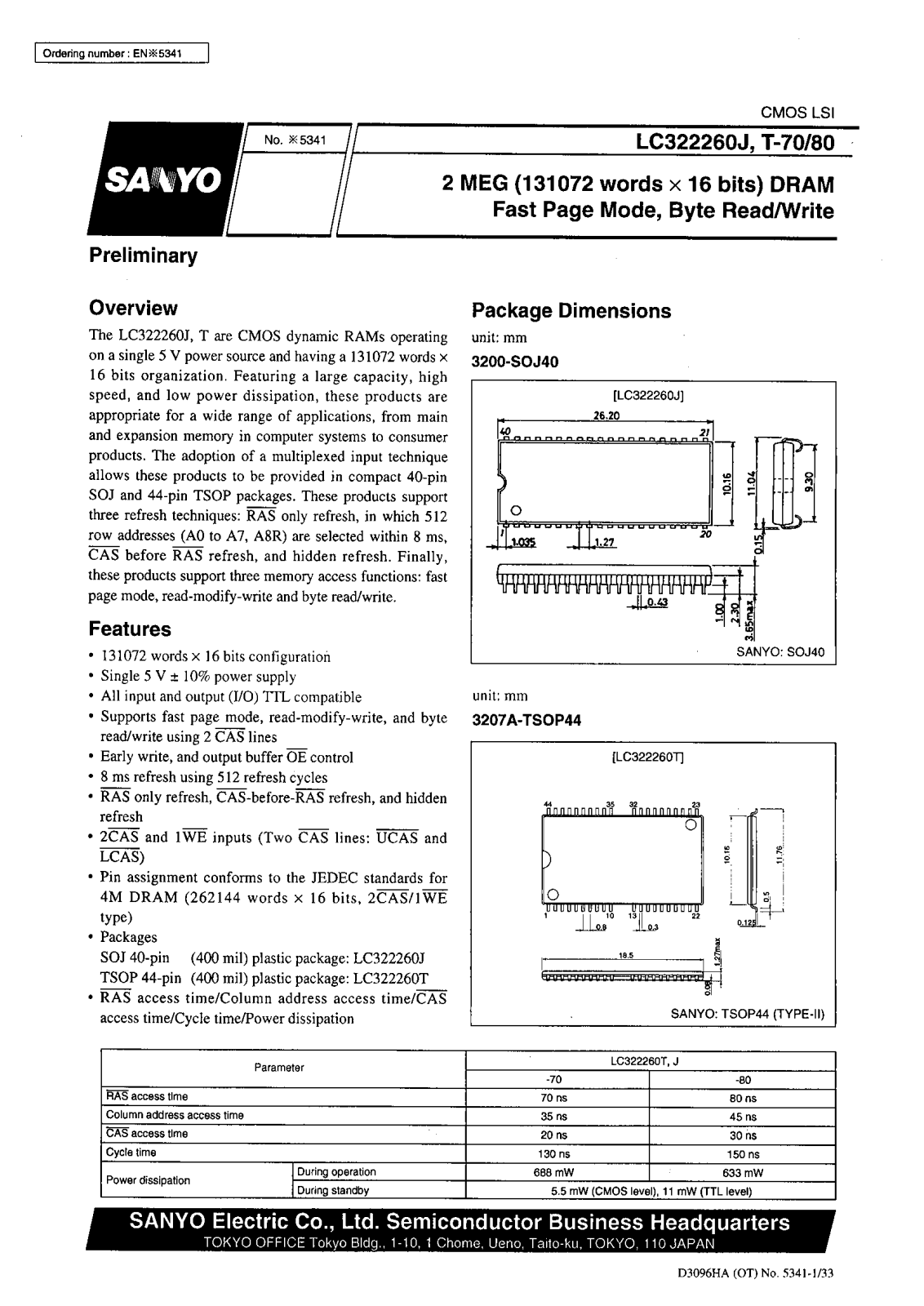 SANYO LC322260T-80, LC322260J-70, LC322260T-70, LC322260J-80 Datasheet