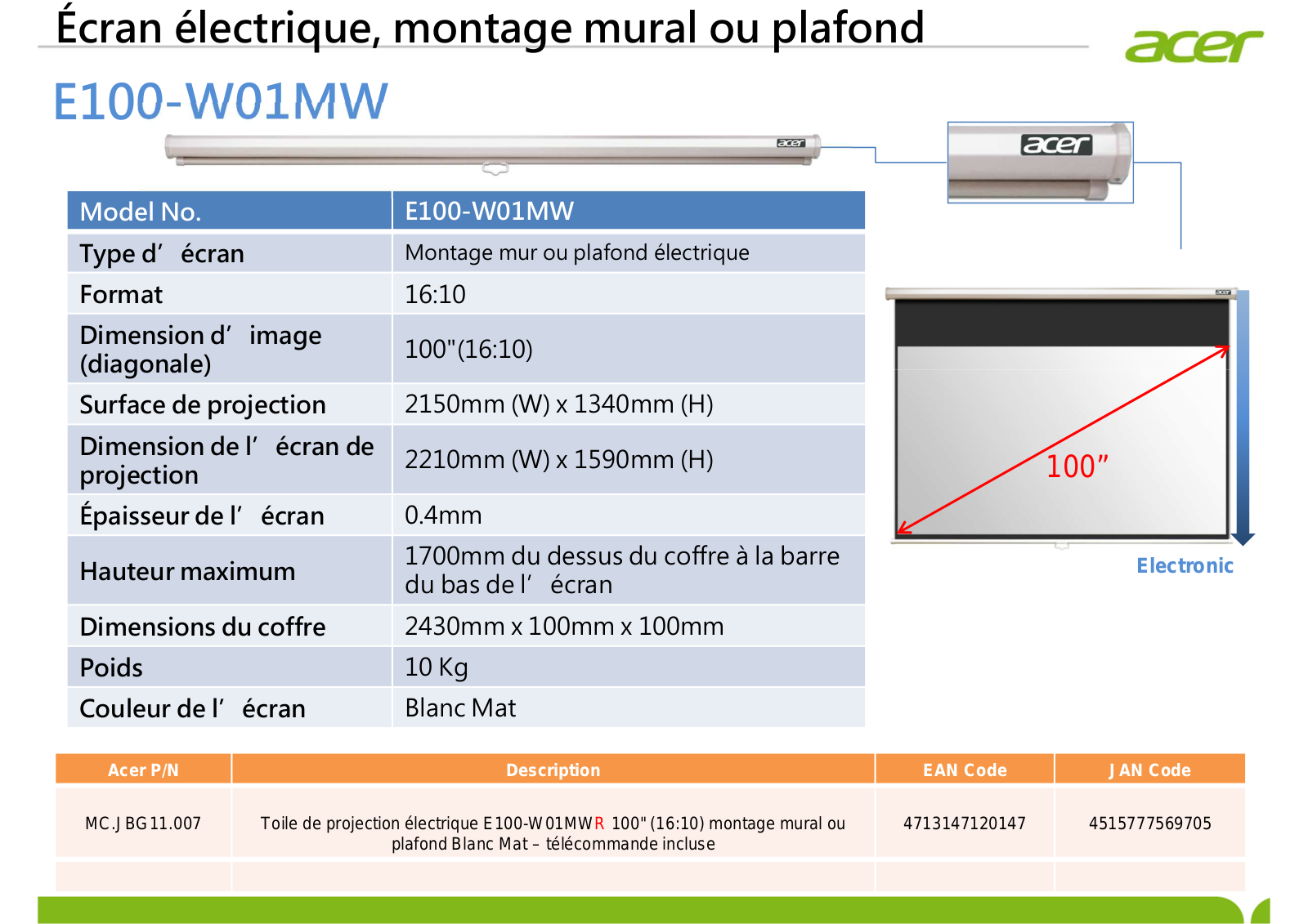 Acer E100-W01MW product sheet