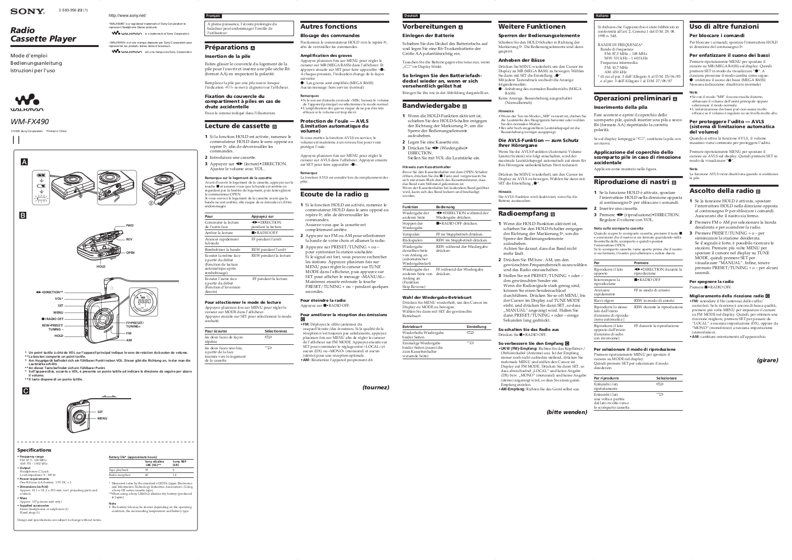 Sony WM-FX490 Operating Instructions