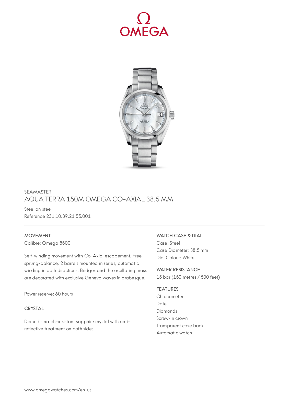 Omega SEAMASTER AQUA TERRA 150M OMEGA CO-AXIAL 38.5 MM Product Sheet