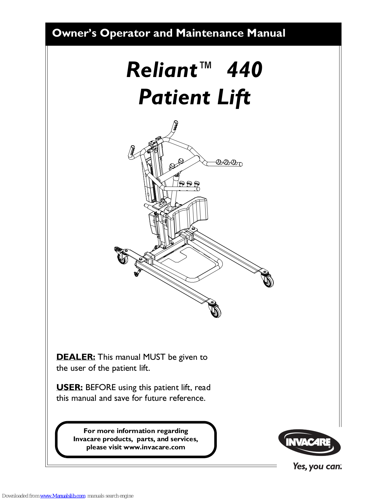 Invacare Reliant 440 Owner's Operator And Maintenance Manual