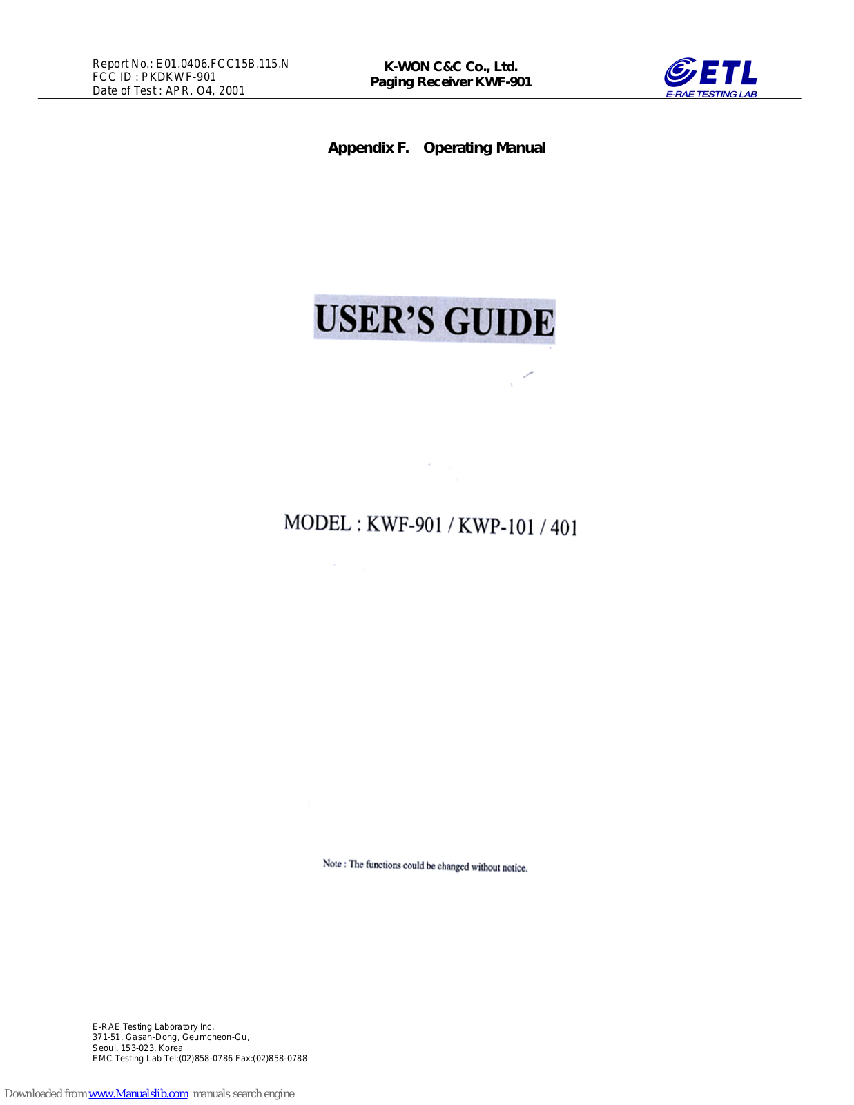K-WON C&C KWF-401, KWF-101, KWF-901 User Manual - ManualMachine.com
