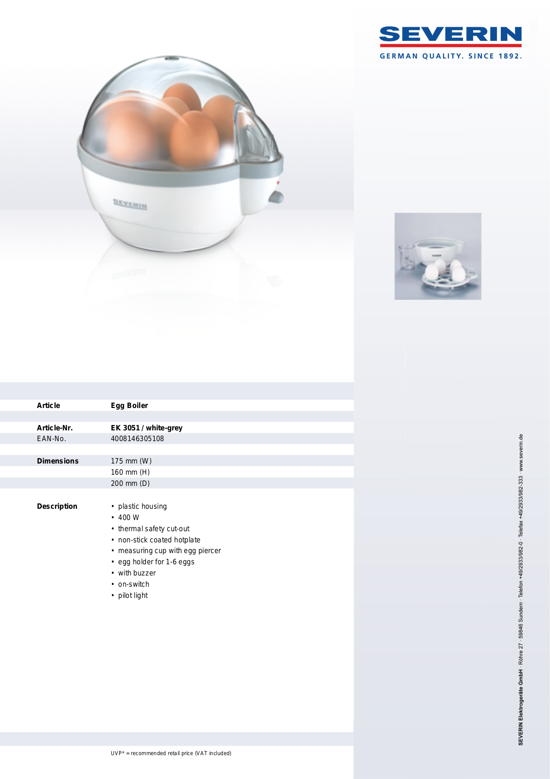 Severin EGG BOILER, EK 3051 User Manual