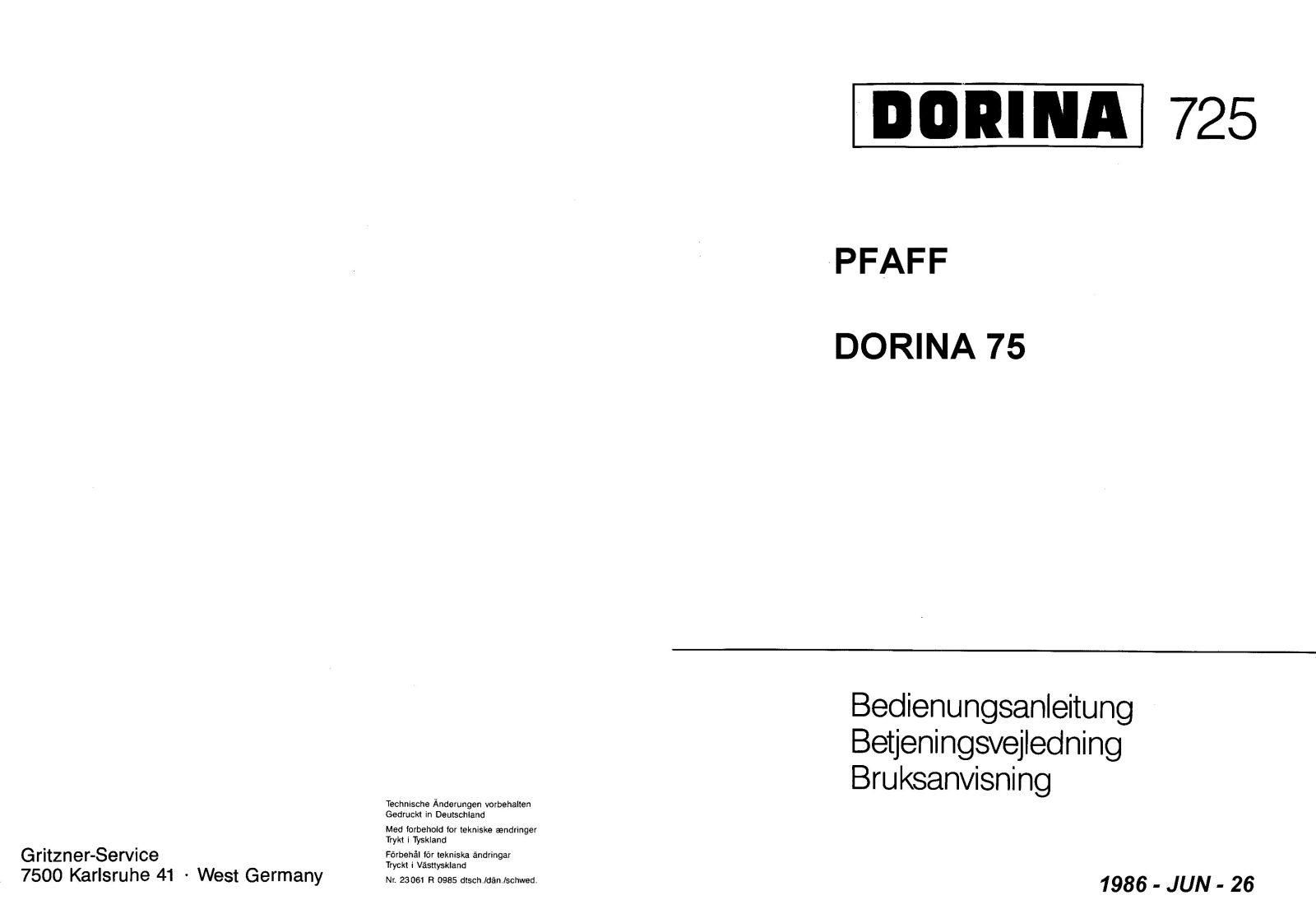 Pfaff DORINA 75, DORINA 725 Manual