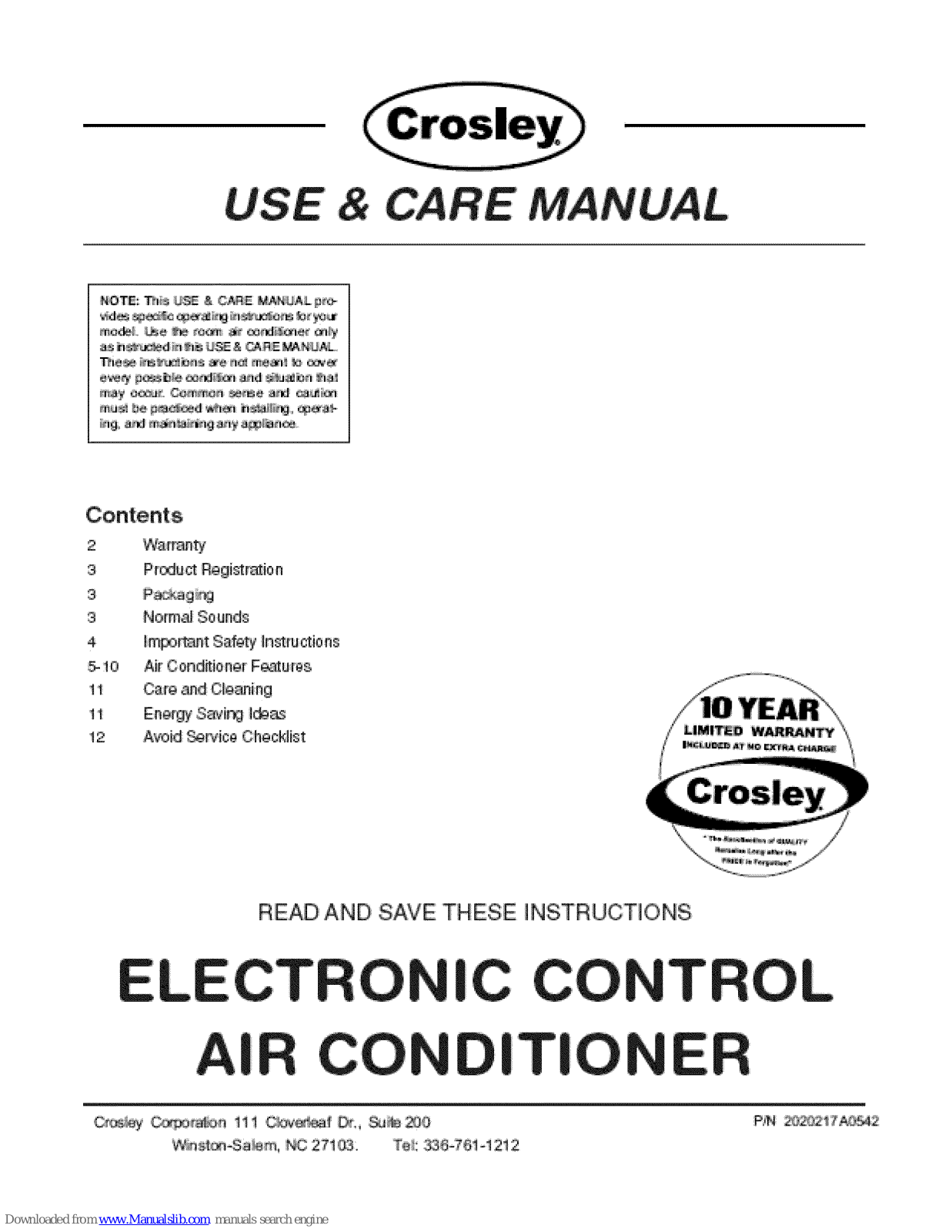 Crosley CAE12ESRD, CAE12ESRA, CAE12ESRC, 2020217A0542 Use & Care Manual