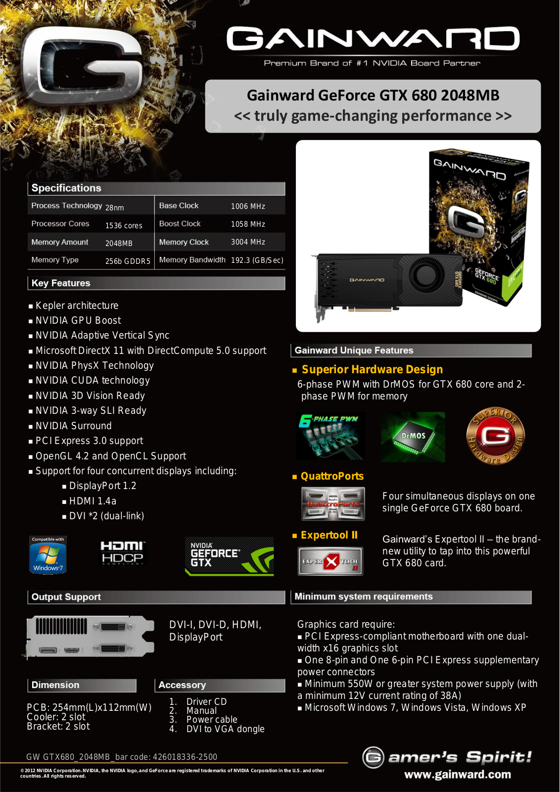 Gainward GeForce GTX 680 2048MB SPECIFICATIONS