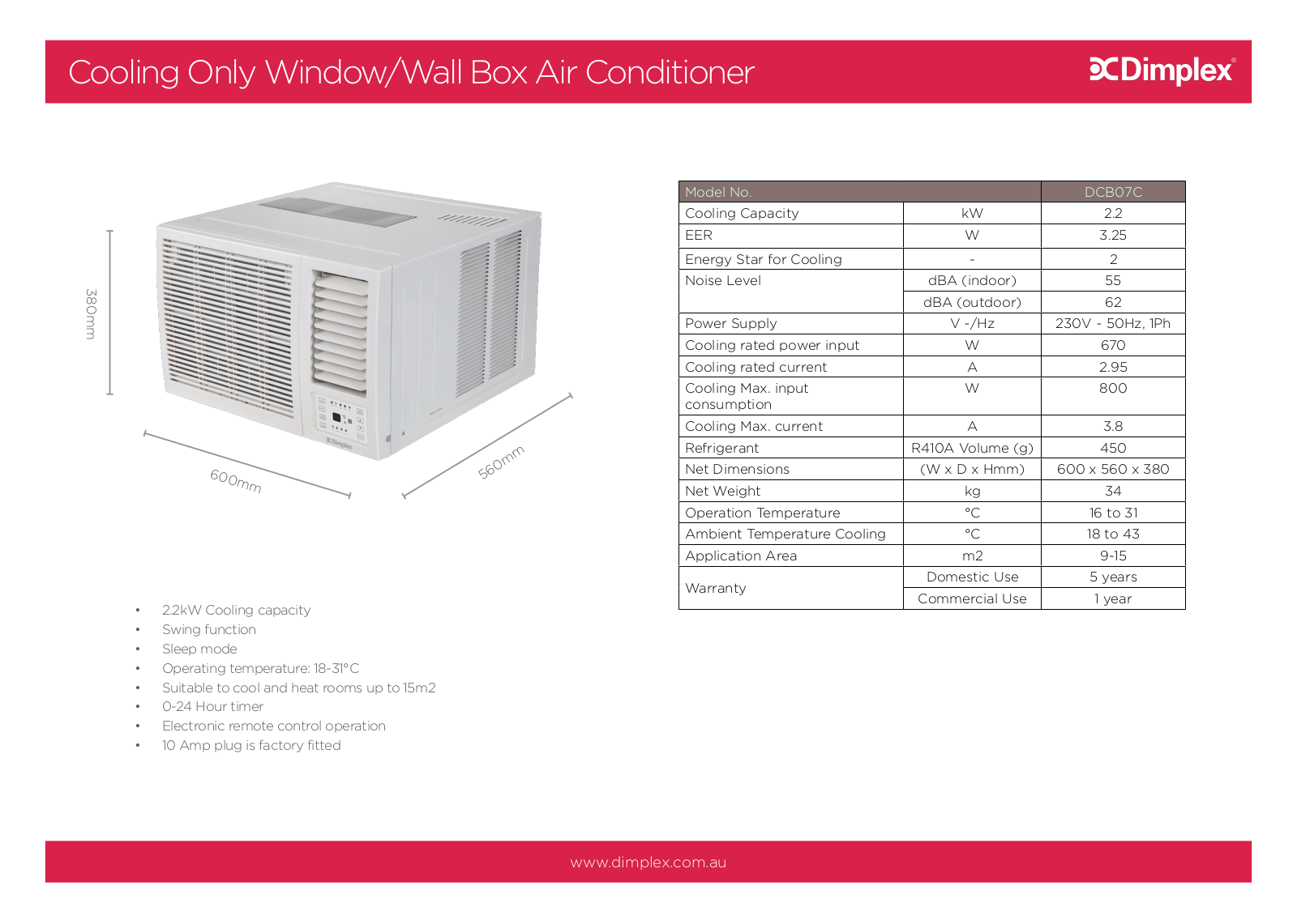Dimplex DCB07C Specifications Sheet - ManualMachine.com