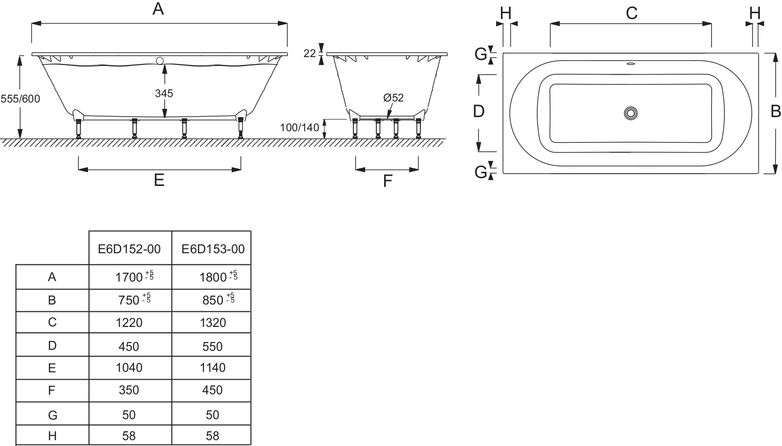 Jacob Delafon ODEON RIVE GAUCHE E6D152-00, ODEON RIVE GAUCHE E6D153-00 Dimensions