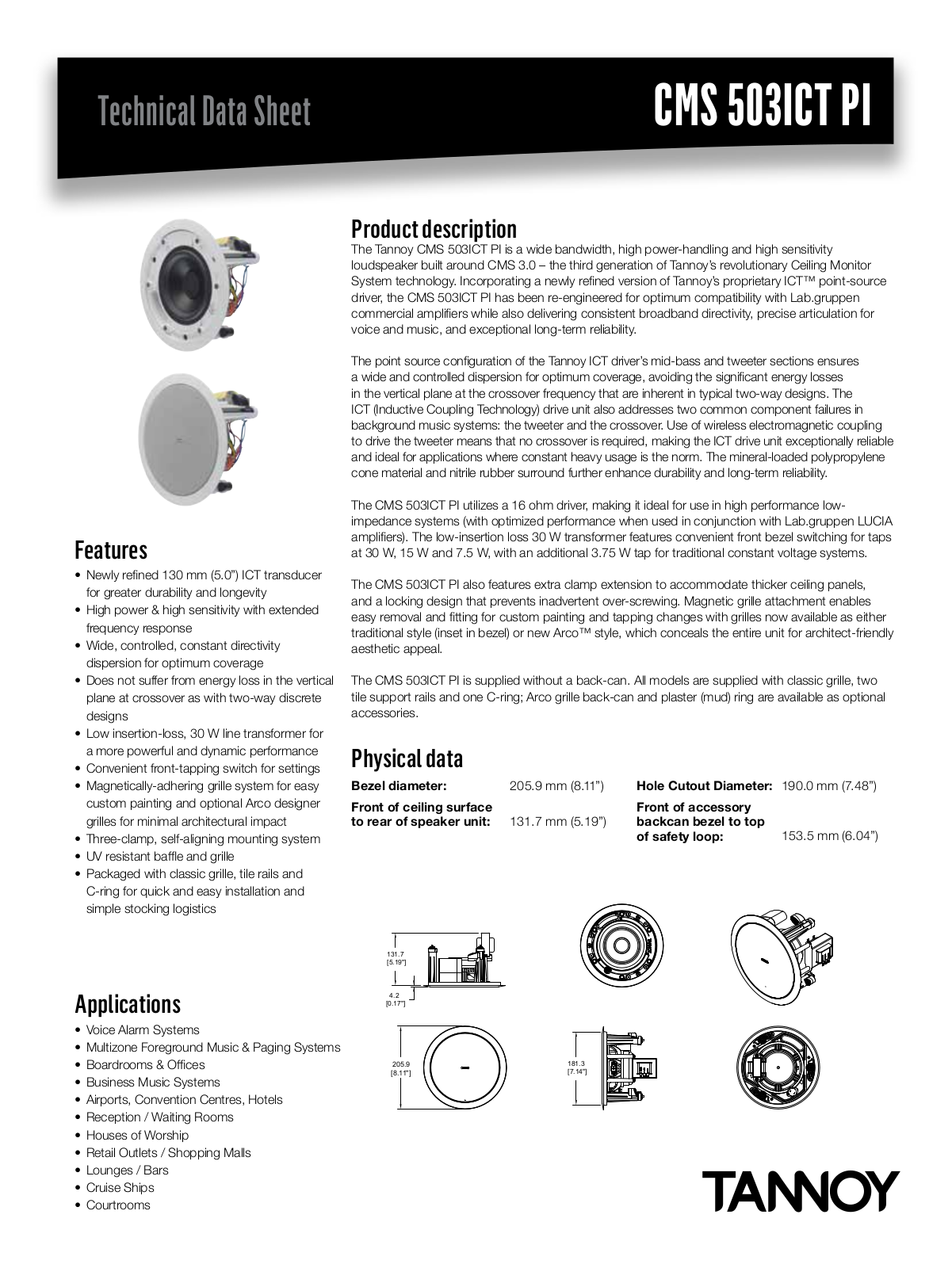 Tannoy CMS 503ICT PI Datasheet