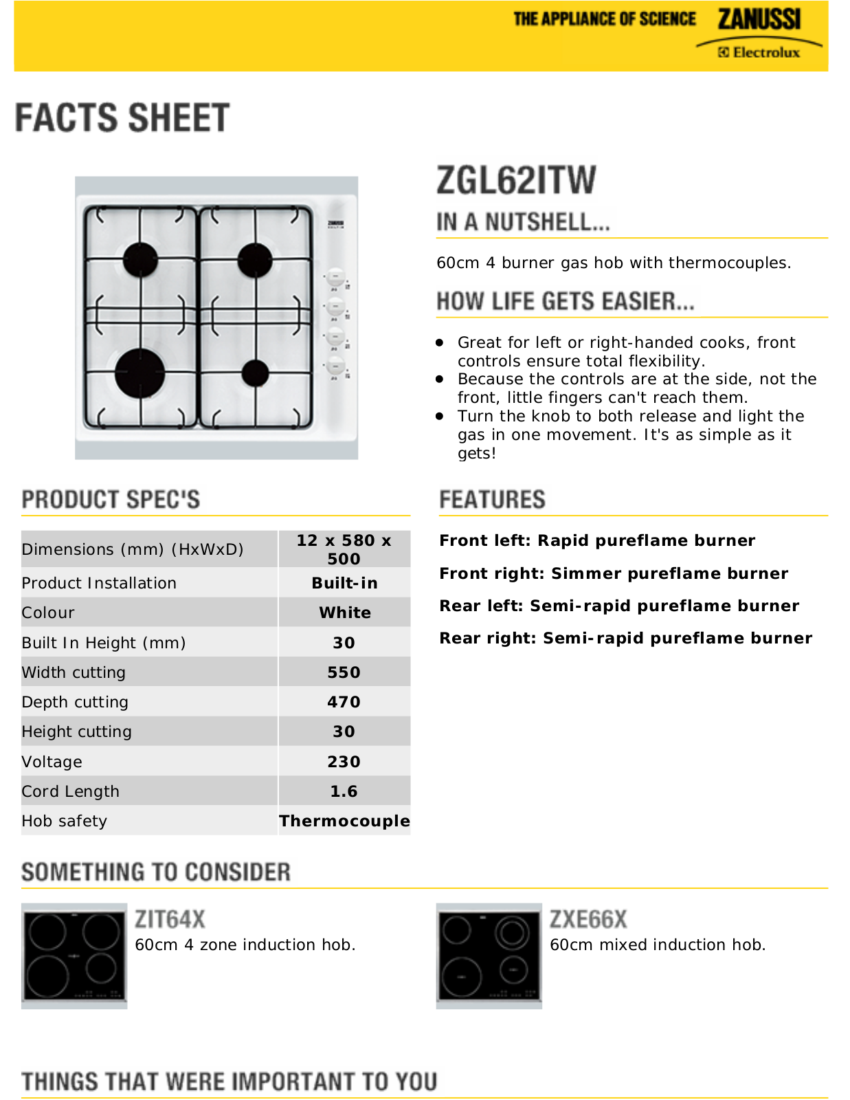 Zanussi ZGL62ITW facts sheet