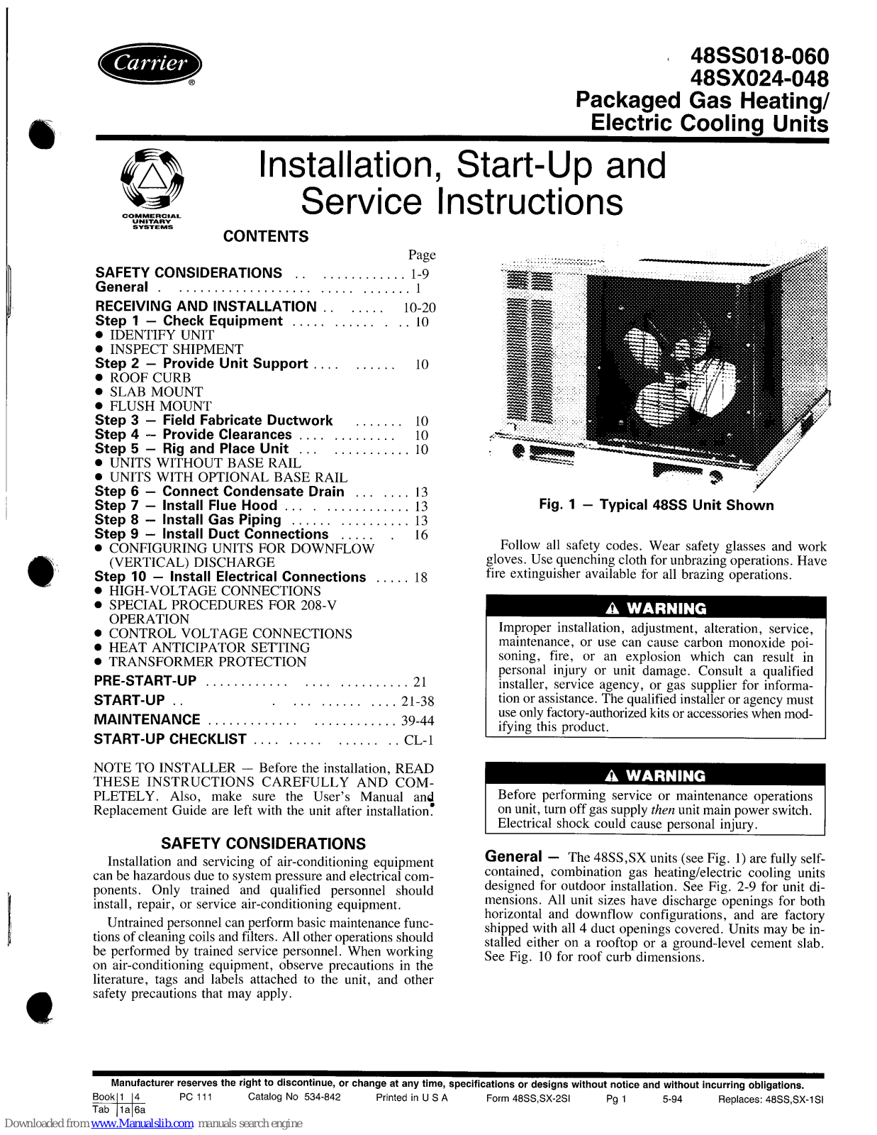 Carrier 48SS018-060, 48SS018, 48SS024, 48SS030, 48SS036 Installation, Start-up And Service Instructions Manual - ManualMachine.com