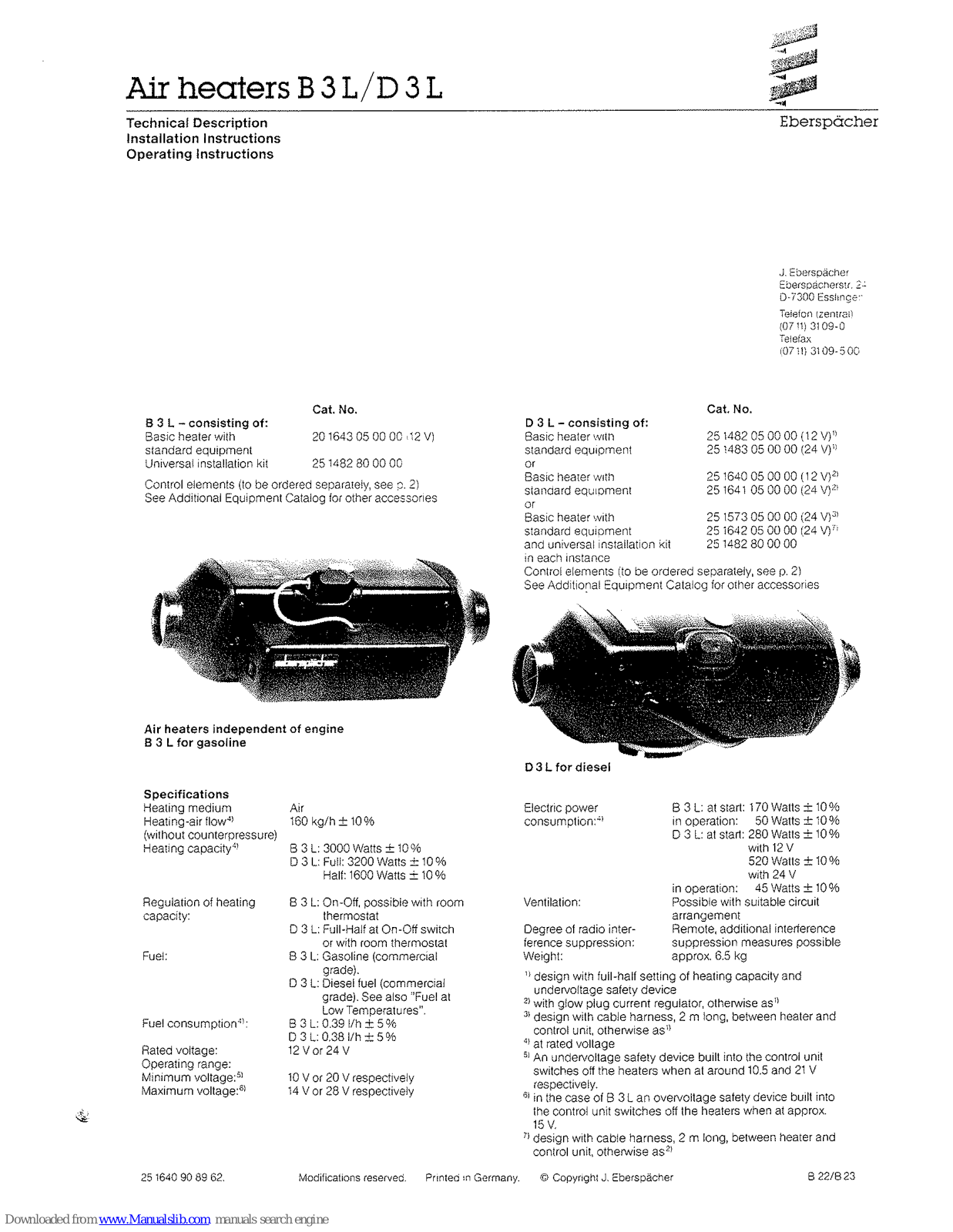 Eberspächer B3L, D3L Operating Instructions Manual