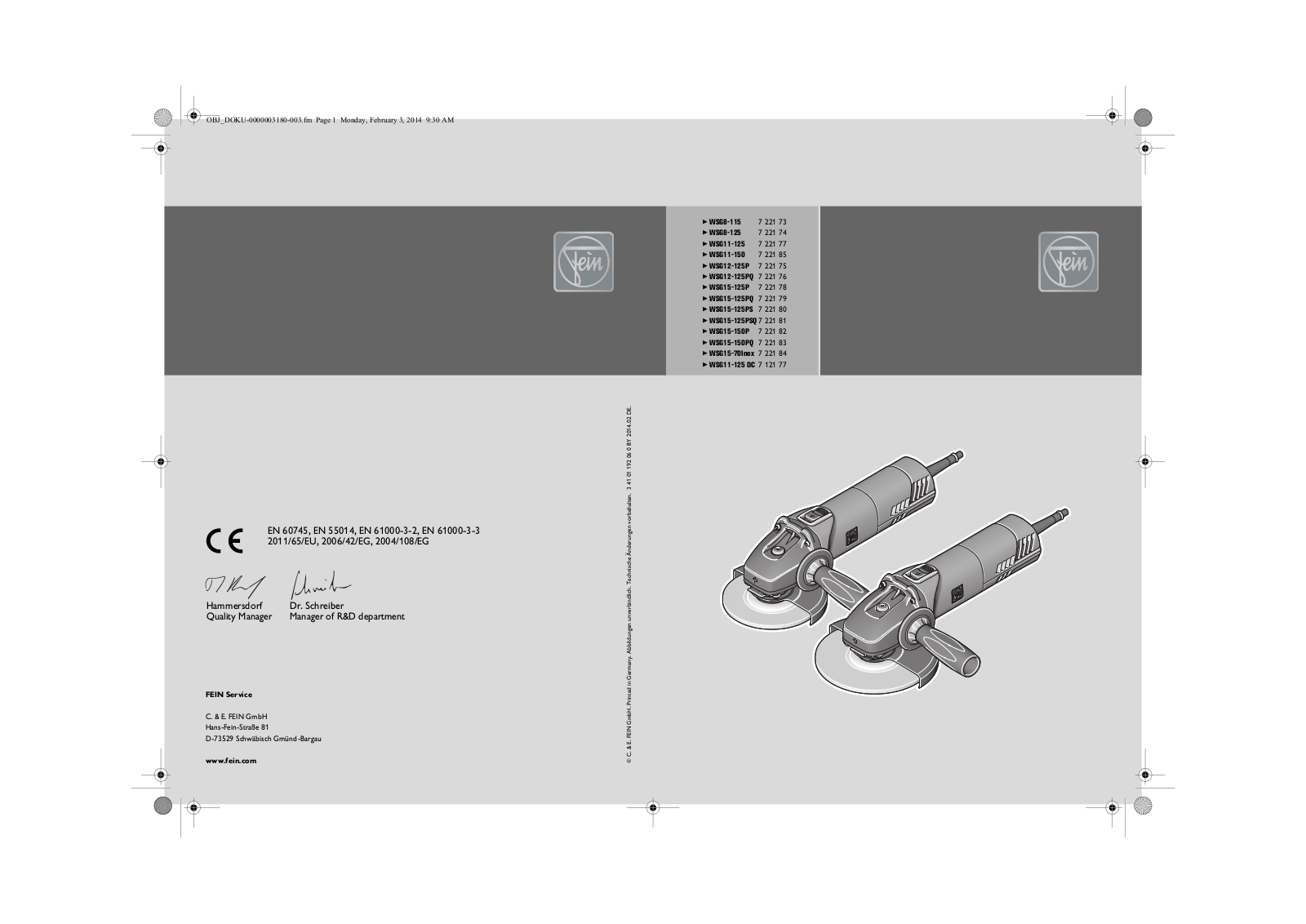 FEIN Power Tools WSG15-150P-N09, WSG8-125-N09, WSG15-125P-N09, WSG8-115-N09, WSG11-125-N09 User Manual