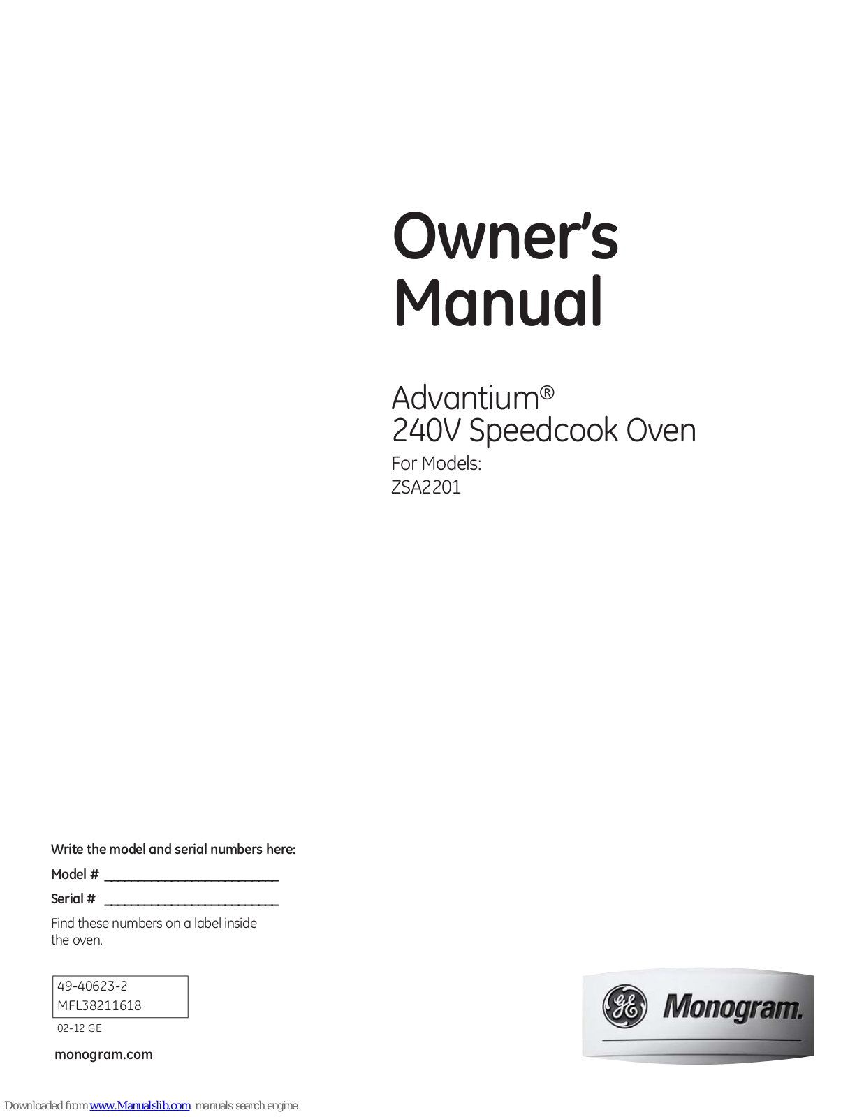 Monogram Advantium ZSA2201 Owner's Manual