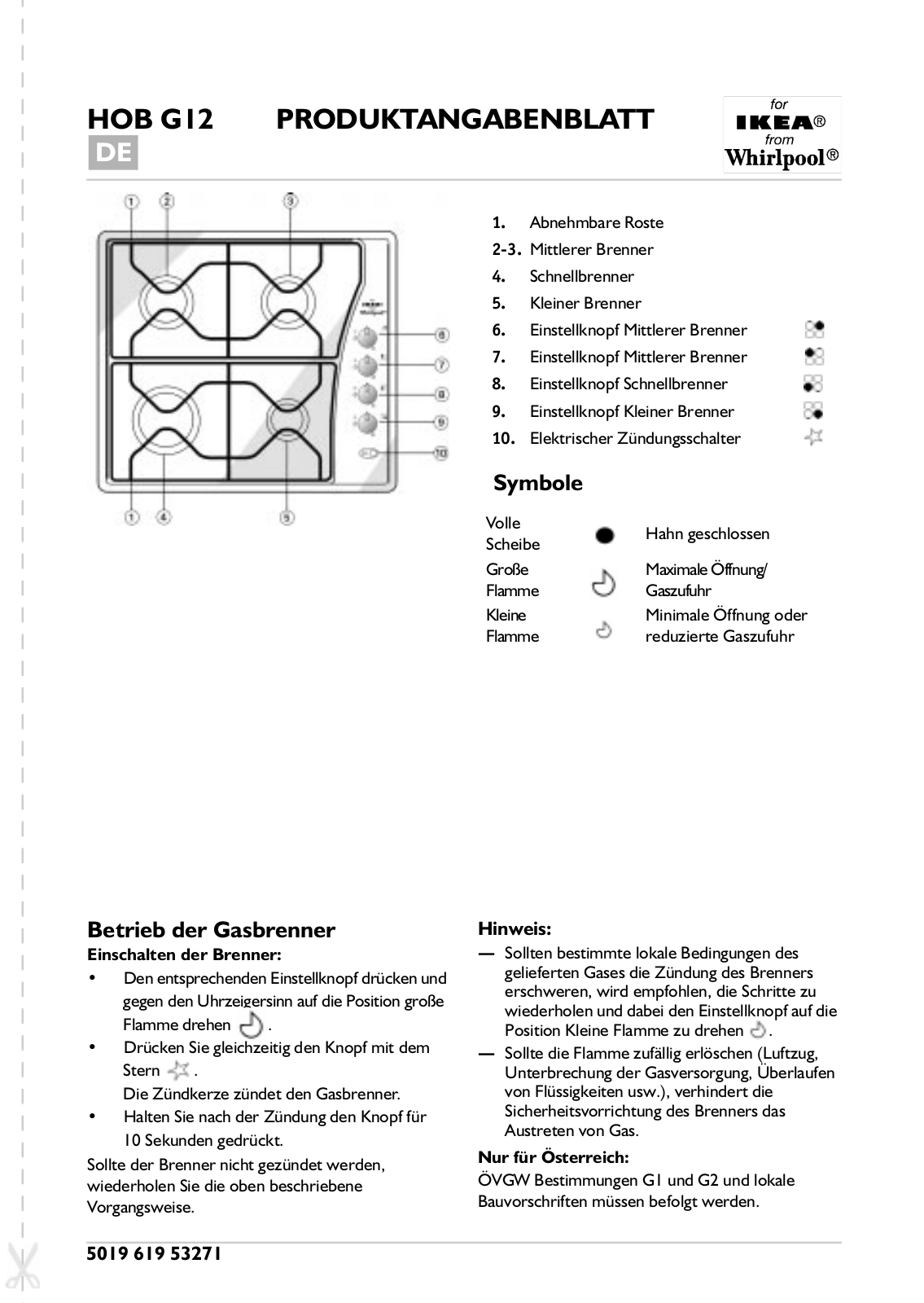 Whirlpool HOB G12 S, HOB G12 W INSTRUCTION FOR USE