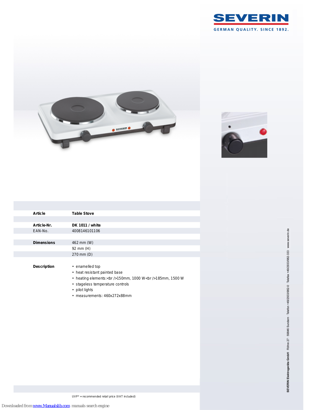 SEVERIN DOPPELKOCHPLATTE DK 1011, DK 1011 Dimensions