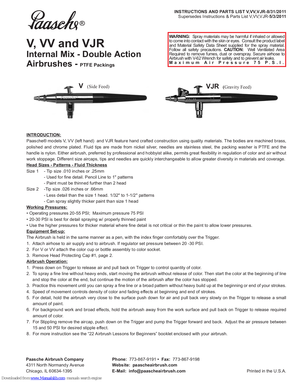 paasche VV, V, VJR Instructions And Parts List