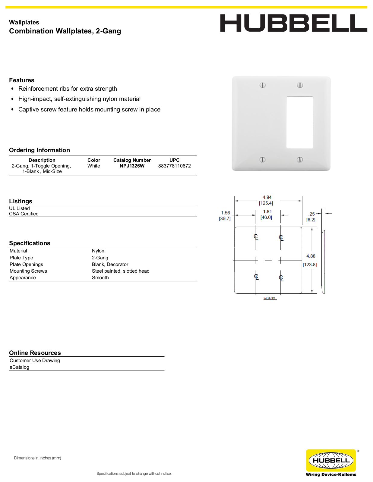 Hubbell NPJ1326W Specifications