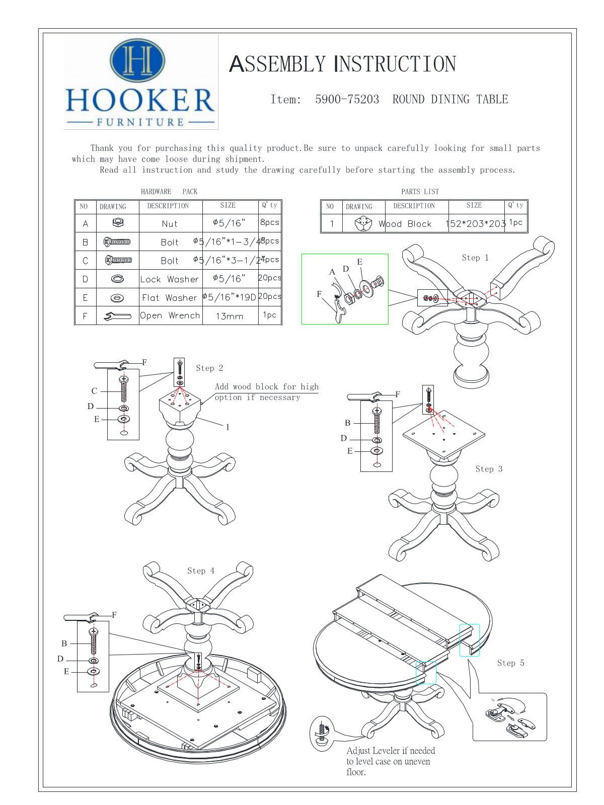 Hooker Furniture 590075203WH Assembly Guide